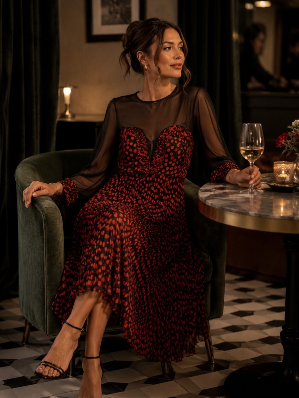 DELFI COLLECTIVE‎ Katia Dress Polka Dot Sheer Top Pleated Skirt USA MADE SMALL